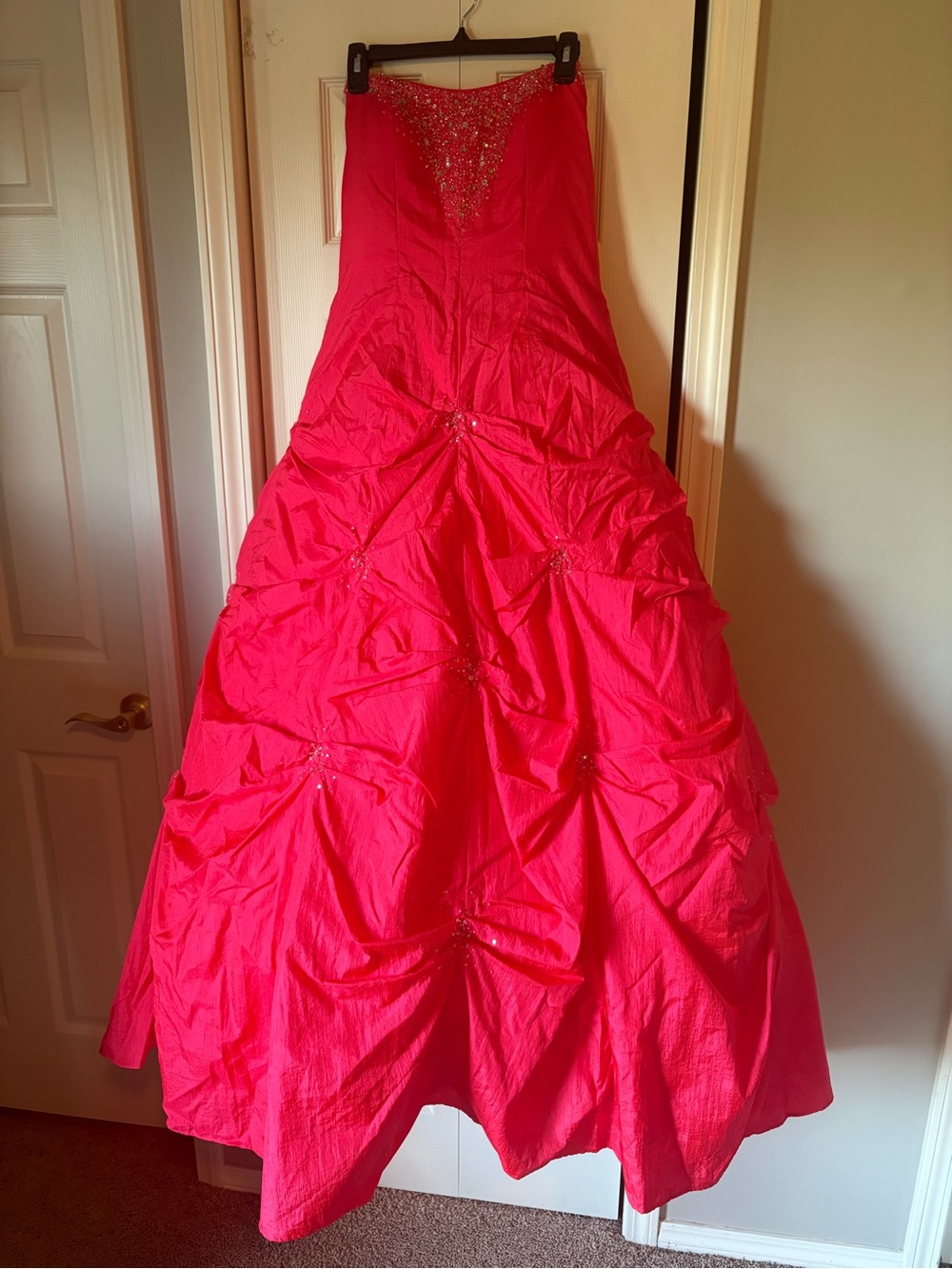 Strapless Hot Pink Prom Ball Gown with Beaded Bodice